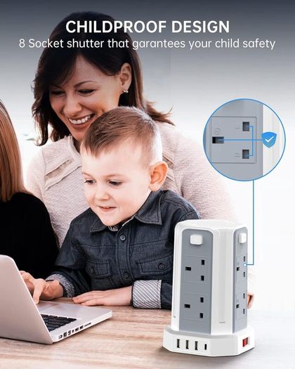Tower Extension Lead 5M, (13A 3250W), 8 AC Outlets and 4 USB Ports Extension Tower, Surge Protection with 4 Independent Control Switch, Extension Cable for Office, Home, Kitchen