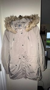Primark Greige Grey-Brown Drawstring Parka Coat with Brown Fluffy Hood and Silver Buttons