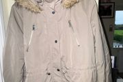 Primark Greige Grey-Brown Drawstring Parka Coat with Brown Fluffy Hood and Silver Buttons