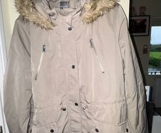 Primark Greige Grey-Brown Drawstring Parka Coat with Brown Fluffy Hood and Silver Buttons