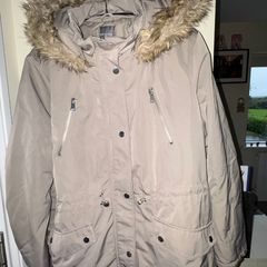 Primark Greige Grey-Brown Drawstring Parka Coat with Brown Fluffy Hood and Silver Buttons