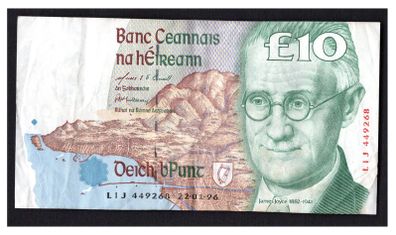 1996 Ireland IR10 James Joyce Banknote Series C. Note issued 22/01/96. Serial number LIJ449268