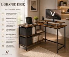 L-shaped desk with 2 drawers vintage brown