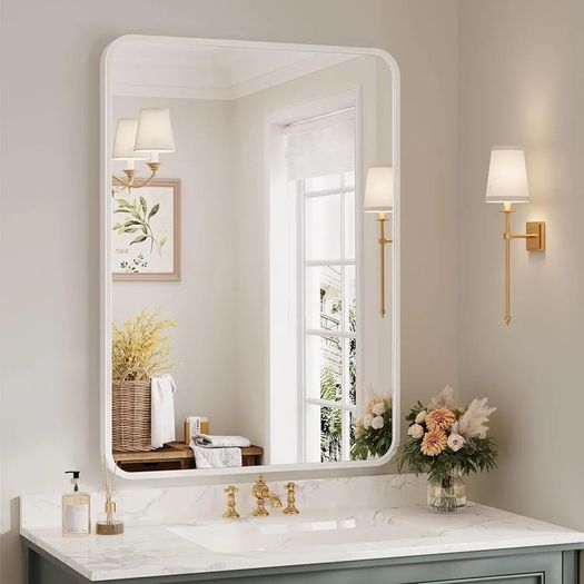 55 x 75cm Rectangle Mirror, Rectangular Hanging Wall Mirror - Home Decorative Wall Mounted Vanity Mirror for Bathroom, Dressing Room & Living Room, White