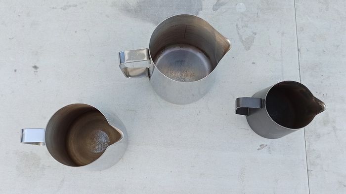 3 stainless steel milk frothing pitchers  used