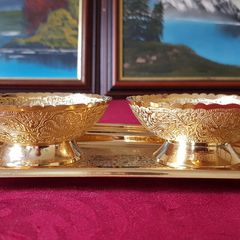 Antique Ornate And Engraved Solid Brass Footed Bowls With Underplate