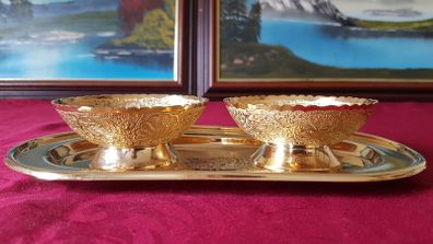 Antique Ornate And Engraved Solid Brass Footed Bowls With Underplate