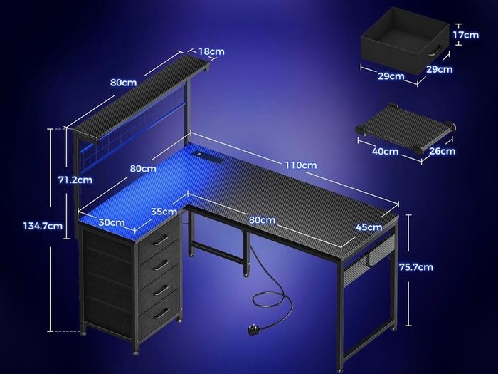 L Shaped Gaming Desk with Drawers & Shelf, 110 x 80 cm
