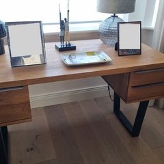 Modern Solid Oak Home Office Desk with Black Metal Legs