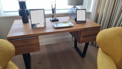 Modern Solid Oak Home Office Desk with Black Metal Legs