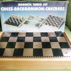 Vintage Magnetic travel set chess, checkers and backgammon game, from the 70s