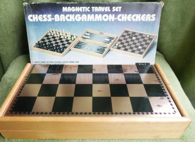 Vintage Magnetic travel set chess, checkers and backgammon game, from the 70s