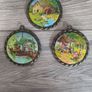X3 vintage framed creative circle CrossStitch Embroided pictures wishing well, mill and fishing harbour Image 3