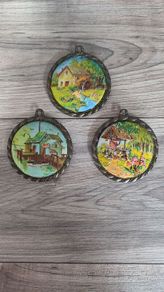 X3 vintage framed creative circle CrossStitch Embroided pictures wishing well, mill and fishing harbour