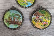 X3 vintage framed creative circle CrossStitch Embroided pictures wishing well, mill and fishing harbour