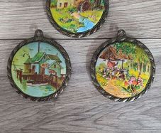 X3 vintage framed creative circle CrossStitch Embroided pictures wishing well, mill and fishing harbour