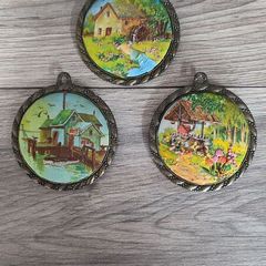 X3 vintage framed creative circle CrossStitch Embroided pictures wishing well, mill and fishing harbour