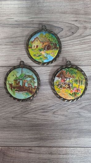 X3 vintage framed creative circle CrossStitch Embroided pictures wishing well, mill and fishing harbour