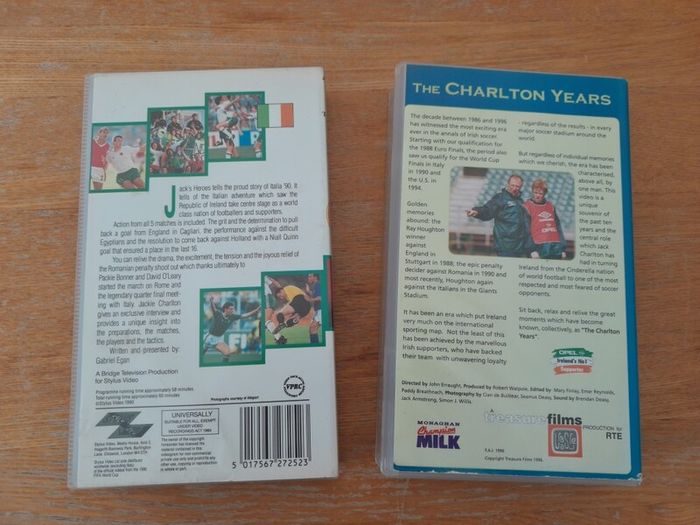 2 Republic of Ireland Football VHS tapes/Cassettes. THE CHARLTON YEARS and JACKS HEROES. Jack Charlton, ITALIA '90, FIFA world cup, FAI, 90s, football, collectable, memorabilia.