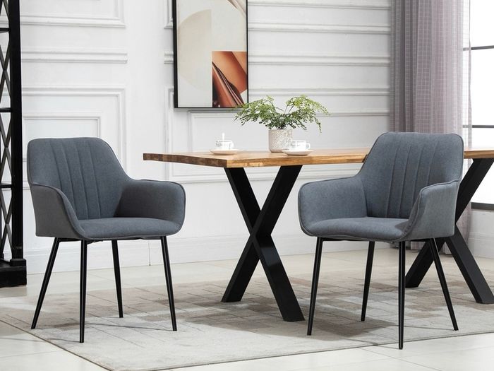 Mid-Century Dining Chairs Upholstered Linen Fabric Accent Chairs with Metal Legs, Set of 2, Dark Grey
