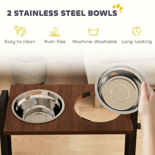 Raised Dog Bowls with Stand, 4 Heights Adjustable Pet Feeder with 3 Adjustable Angles for Small, Medium & Large Breeds, Brown