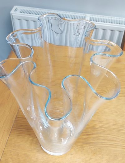 Vintage Hand Blown Clear Crystal Stretched Art Glass Vase, Made in Poland
