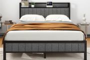 King Size Bed Frame with Storage and Headboard Shelf, Upholstered Bed Frame