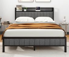 King Size Bed Frame with Storage and Headboard Shelf, Upholstered Bed Frame