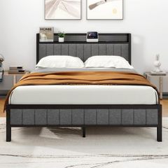 King Size Bed Frame with Storage and Headboard Shelf, Upholstered Bed Frame