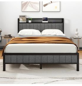 King Size Bed Frame with Storage and Headboard Shelf, Upholstered Bed Frame