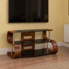Modern Curved Wood & Black Glass TV Stand