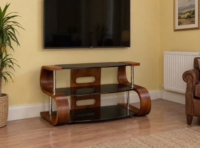 Modern Curved Wood & Black Glass TV Stand
