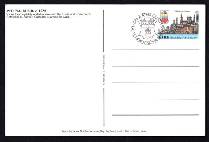 1988 Ireland Dublin Millenium prepaid postcard issued by An Post (set of five) cancelled with first day of issue Baile Atha Cliath (Dublin) pictorial cancel