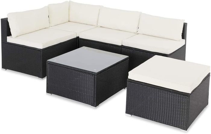 _Poly Rattan XL Lounge Set with Thick Cushions and Pillows Garden Lounge Garden Furniture Set, Black & Cream