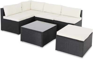 _Poly Rattan XL Lounge Set with Thick Cushions and Pillows Garden Lounge Garden Furniture Set, Black & Cream