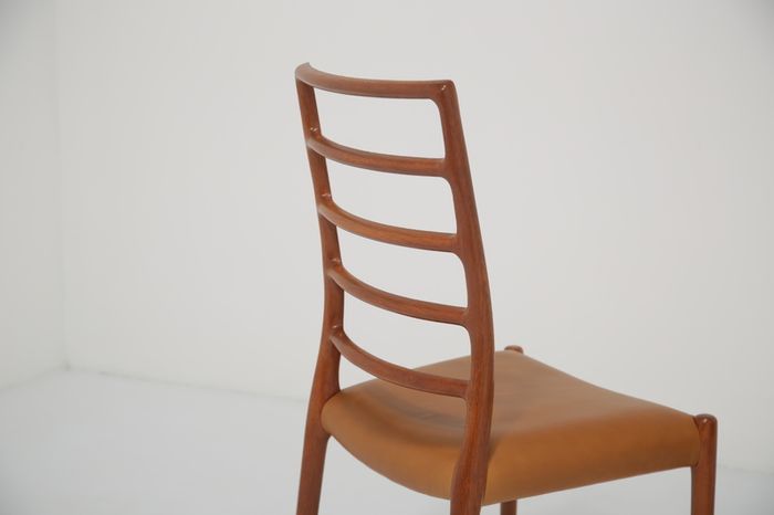 Mid Century Set of 8 x Teak and Tan Leather Dining Chairs Model 82 by Niels Otto Moller, 1960s