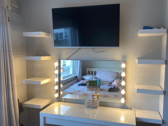 White dressing table with mirror, Hollywood lights, shelves and chair