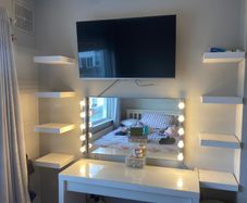 White dressing table with mirror, Hollywood lights, shelves and chair