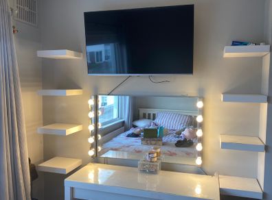 White dressing table with mirror, Hollywood lights, shelves and chair