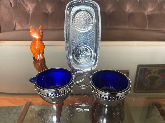 Vintage Silver Chromed Metal Cobalt Blue Glass Sugar and Creamer Set Serving Tray