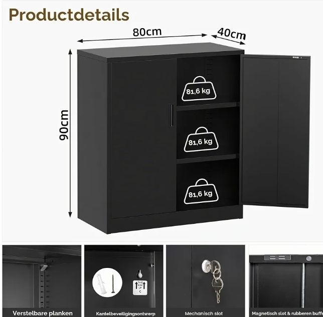 Multi-Purpose Cabinet, Desk Cabinet with 2 Doors, Lockable Cabinet,Steel Storage Cabinet with 2 Height Adjustable Shelves,Metal Storage Cabinet for Office,Garage and Workshop Black