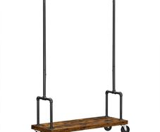 _Coat Rack on Wheels with Clothes Rail Extendible Hallway Coat Rack with Shelf and Wheels Industrial Design Vintage Brown/Black