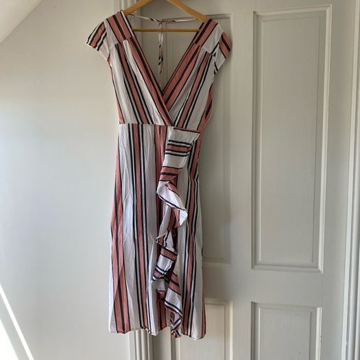 River Island Striped Ruffle Faux-Wrap Midi Dress Pink White Cotton Blend