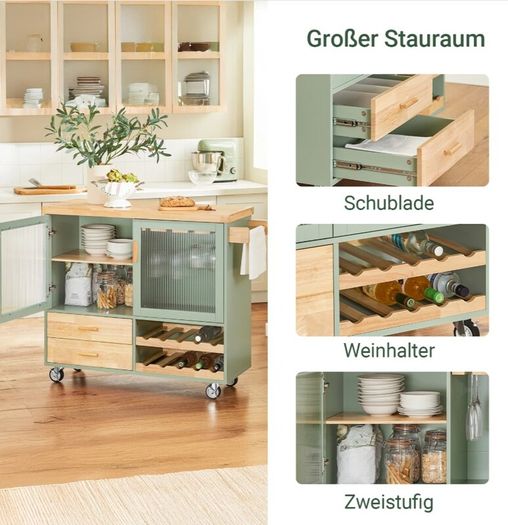 Kitchen Trolley with Wine Rack and Glass Holder Green Country Style Kitchen Island on Wheels Elegant Sideboard