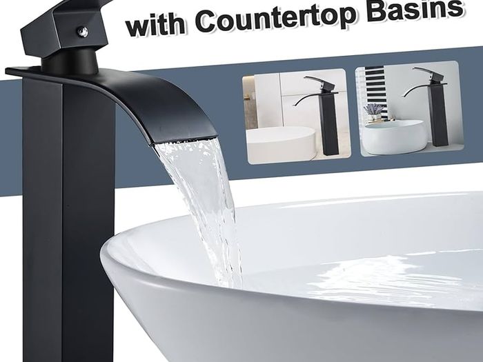 Waterfall High Rise Black Basin Mixer Taps, Square Monobloc Basin Tap, Single Handle Bathroom Sink Mixer Tap
