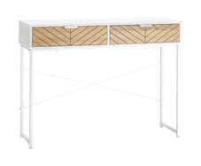 Industrial Console Table 2 Drawers Sculpted Oak Wood Effect Chevron Pattern Metal Legs White