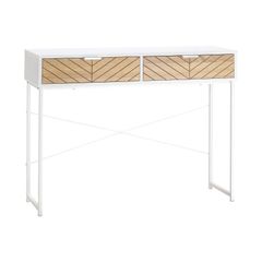 Industrial Console Table 2 Drawers Sculpted Oak Wood Effect Chevron Pattern Metal Legs White