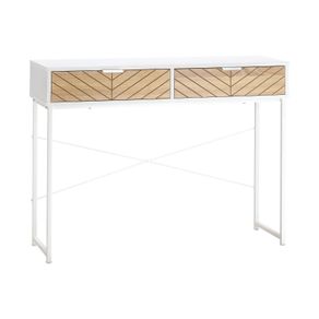 Industrial Console Table 2 Drawers Sculpted Oak Wood Effect Chevron Pattern Metal Legs White