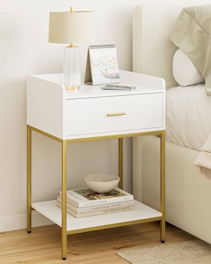 Bedside Table, 3-Tier Bedside Cabinet with Storage Drawer and Open Shelf, Small End Side Table with Gold Legs for Bedroom, Living Room, White Large
