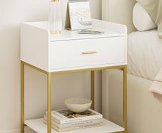 Bedside Table, 3-Tier Bedside Cabinet with Storage Drawer and Open Shelf, Small End Side Table with Gold Legs for Bedroom, Living Room, White Large